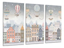 Tríptico ilustracion infantil,ciudad con globos aerostaticos tonos grises