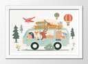 Cuadro enmarcado blanco ilustracion infantil furgoneta con animales