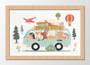 Cuadro enmarcado natural ilustracion infantil furgoneta con animales