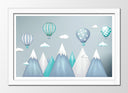 Cuadro enmarcado blanco ilustracion infantil, montañas con globos tonos grises