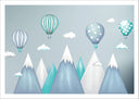 Lámina ilustracion infantil, montañas con globos tonos grises