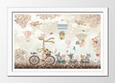 Cuadro enmarcado blanco ilustracion infantil animales en bicicletas tonos marrones