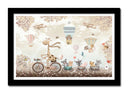Cuadro enmarcado negro ilustracion infantil animales en bicicletas tonos marrones