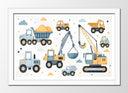 Cuadro enmarcado blanco ilustraciones infantiles,gruas,escabadoas,caminoes