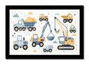 Cuadro enmarcado negro ilustraciones infantiles,gruas,escabadoas,caminoes