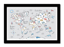Cuadro enmarcado negro mapamundi infantil, fondo gris