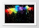 Cuadro enmarcado blanco abstracto, colores llamativos sobre fondo negro