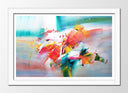 Cuadro enmarcado blanco abstracto, tonos frios y rojo
