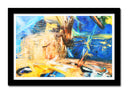 Cuadro enmarcado negro abstracto, color azul, tonos tierra