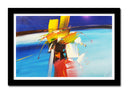 Cuadro enmarcado negro abstracto, colores azules, frios, relajante