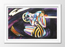 Cuadro enmarcado blanco abstracto fondo morado, silueta muejer