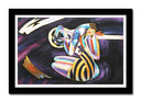 Cuadro enmarcado negro abstracto fondo morado, silueta muejer