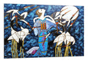 Cuadro abstracto, mujer con garzas sobre fonzo azul