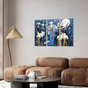 Estancia abstracto, mujer con garzas sobre fonzo azul