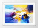 Cuadro enmarcado blanco abstracto, tonos azules, amarillos