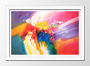 Cuadro enmarcado blanco abstracto, colores llamativos, tonos rojos