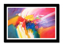 Cuadro enmarcado negro abstracto, colores llamativos, tonos rojos