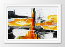 Cuadro enmarcado blanco abstracto, colores vivos amarillo con negro