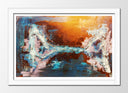 Cuadro enmarcado blanco abstracto, mezcla de gama de colores, ocres, azules, amarillos