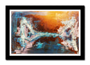Cuadro enmarcado negro abstracto, mezcla de gama de colores, ocres, azules, amarillos