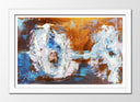 Cuadro enmarcado blanco abstracto, mezcla de gama de colores, ocres, azules, amarillos
