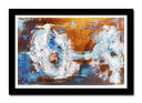 Cuadro enmarcado negro abstracto, mezcla de gama de colores, ocres, azules, amarillos