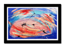 Cuadro enmarcado negro abstracto colores rosas sobre azul