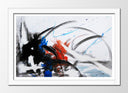 Cuadro enmarcado blanco abstracto, colores sobrios, trazos negros, azules sobre blanco