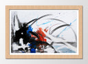 Cuadro enmarcado natural abstracto, colores sobrios, trazos negros, azules sobre blanco