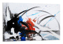 Cuadro abstracto, colores sobrios, trazos negros, azules sobre blanco