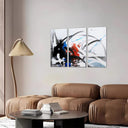 Estancia abstracto, colores sobrios, trazos negros, azules sobre blanco