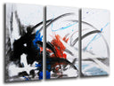 Tríptico abstracto, colores sobrios, trazos negros, azules sobre blanco