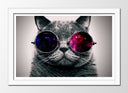 Cuadro enmarcado blanco gato lennon, gafas, hippie, retro