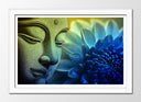Cuadro enmarcado blanco buda oriental ,azules, amarillos, relajacion, meditacion, zen