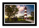 Cuadro enmarcado negro paisaje de faro , atardecer