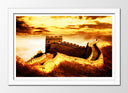 Cuadro enmarcado blanco paisaje oriental, muralla, tono calido, atardecer
