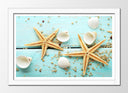 Cuadro enmarcado blanco estrellas de mar sobre madera, conchas