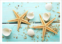 Lámina estrellas de mar sobre madera, conchas