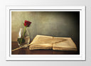 Cuadro enmarcado blanco libro antiguo, escritura, rosa, vintage