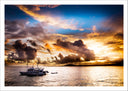 Lámina paisaje barco en el mar, atardecer