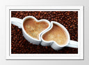 Cuadro enmarcado blanco tazas de café forma de corazon, expreso, desyauno