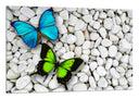 Cuadro mariposa verde y azul en fondo de piedra