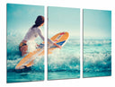 Tríptico mujer surfista en el mar, tabla de surf, deporte