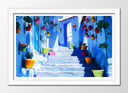 Cuadro enmarcado blanco ciudad dechauen, marruecos, escaleras de macetas de colores