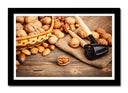 Cuadro enmarcado negro frutos secos, nueces, cesto, aperitivo, comida