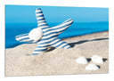 Cuadro estrella de mar con rayas azul y blanca sobre la playa, arena