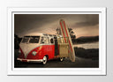 Cuadro enmarcado blanco furgoneta Volkswagen antigua, retro, vintage, atardecer, surf