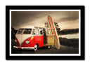 Cuadro enmarcado negro furgoneta Volkswagen antigua, retro, vintage, atardecer, surf