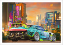 Lámina Videojuego Cyber Punk 2077, Cuidad neón, Toyota Supra, Coche