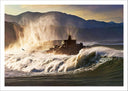 Lámina mar rompiendo sobre faro, atardecer,oceano